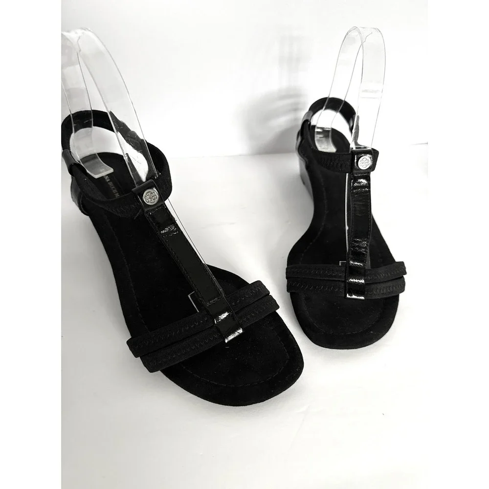 Dana Buchman 9 T-bar Blk Heel Wedge Sandals Summer Whimsigoth Office Career Y2K - Picture 4 of 12